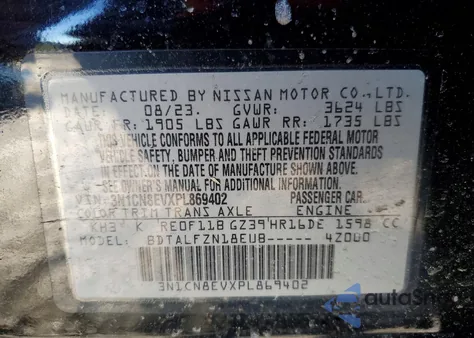 2023 Nissan Versa Sv z USA, uszkodzony, nr VIN 3N1CN8EVXPL869402